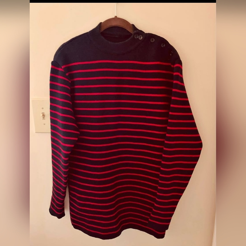 Saint James Navy and Red Striped Crewneck Sweater